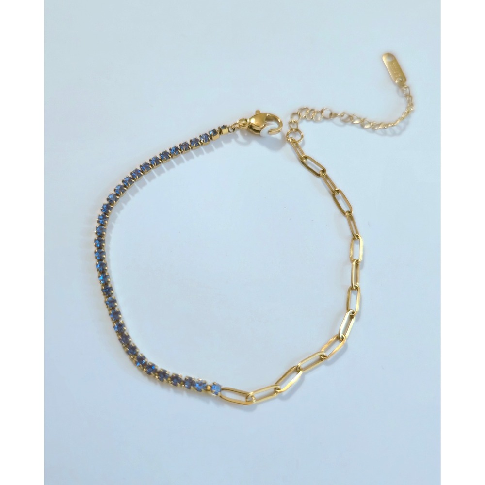 Gold Plated Stainless Steel Blue CZ Tennis Paperclip Link Bracelet 6-8"